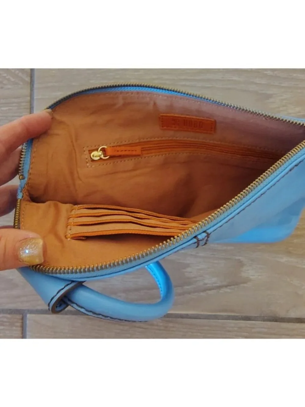 Hobo International Leather Periwinkle Blue Sable Wristlet Purse Clutch Zip Close